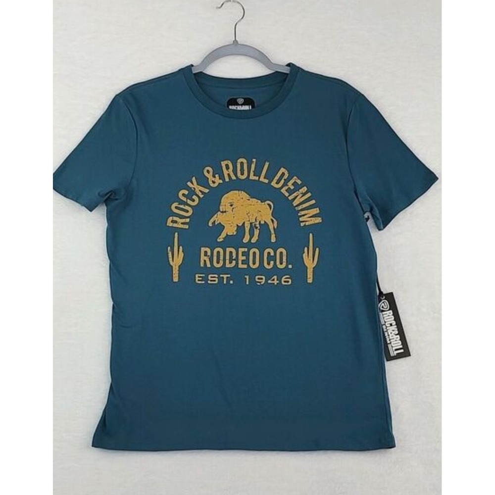 Rock and Roll Denim Kids Rodeo Co Buffalo Graphic Tee Teal Blue Short Sleeve NEW